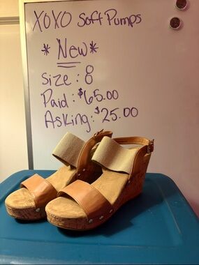 Tan Cork Wedge Sandals with Elastic Ankle Strap